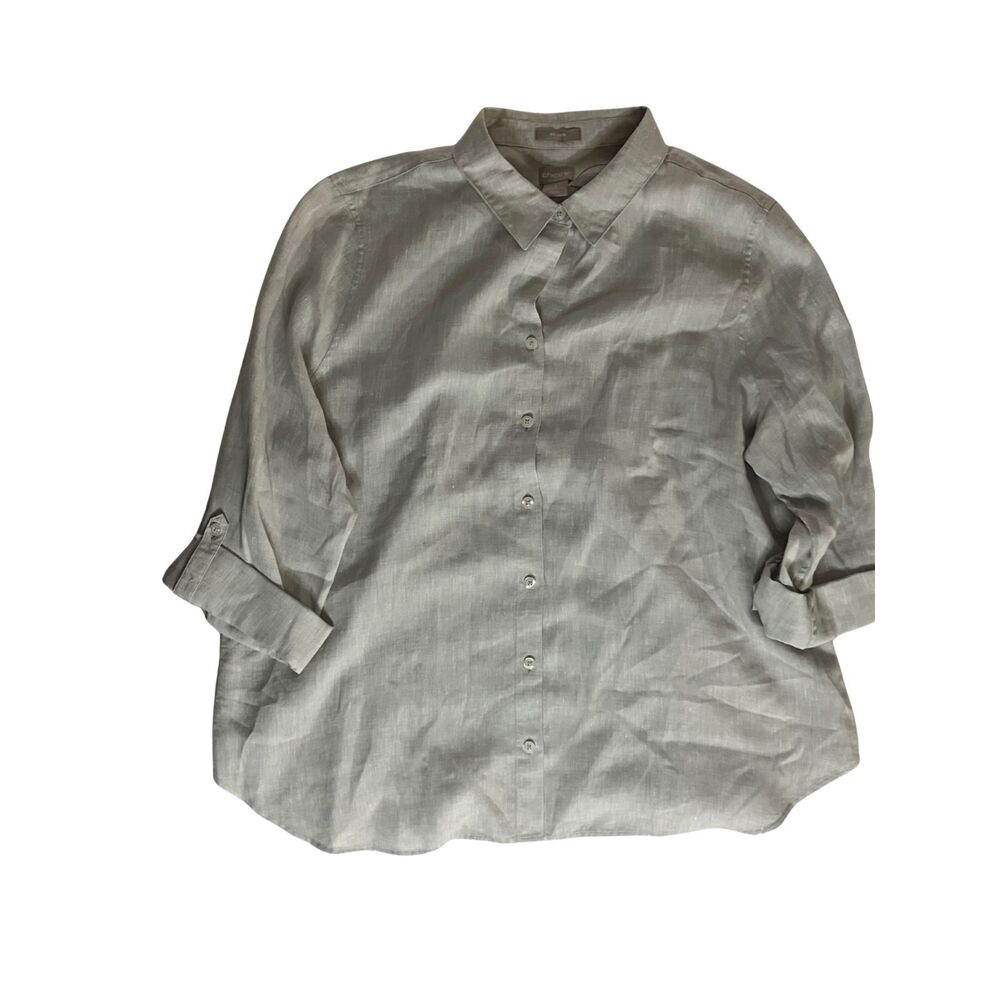 Chico's No Iron Linen Shirt 3 XL Gray Button Down Roll Tab Sleeve NWT - Picture 4 of 8